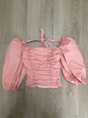 WAYF Ruched Pink Puff-Sleeve Square-Neck Blouse (XS)